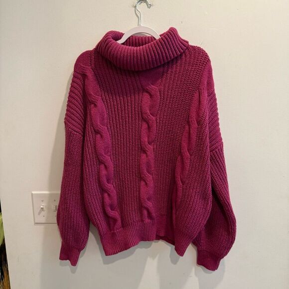 Women Pink Sweater 2XL Cable Twist Knit Turtleneck Pullover Oversize Long Sleeve - Picture 3 of 8